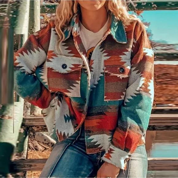 New Southwestern Distressed Jacket Coat Shacket Button Up Top Blue Red - Picture 5 of 11